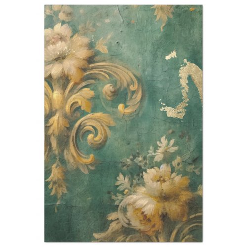 Heavy gold baroque ornament emerald green vintage tissue paper