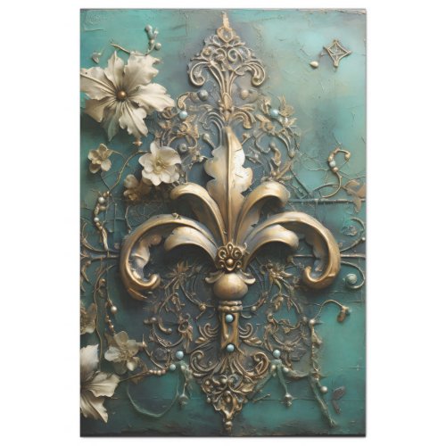 Heavy gold baroque ornament emerald green vintage tissue paper