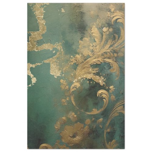 Heavy gold baroque ornament emerald green vintage tissue paper