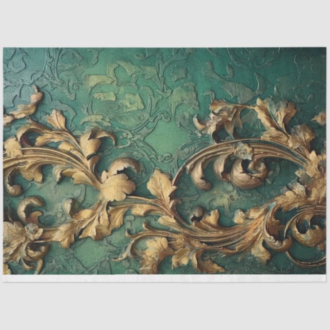 Heavy gold baroque ornament sparkles emerald green tissue paper (Front)