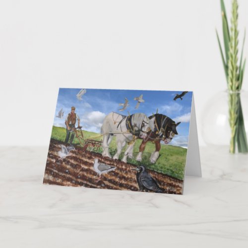 Heavy Horses Ploughing In March Blank  Card