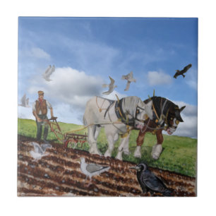 Heavy Horses Ploughing In March Ceramic Tile