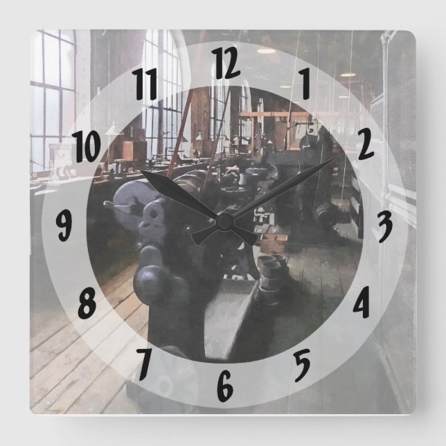 Heavy Machine Shop With Lamps Square Wall Clock (Front)