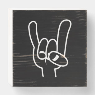 Heavy Metal Devil Horns White Line Wooden Box Sign