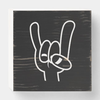 Heavy Metal Devil Horns White Line Wooden Box Sign