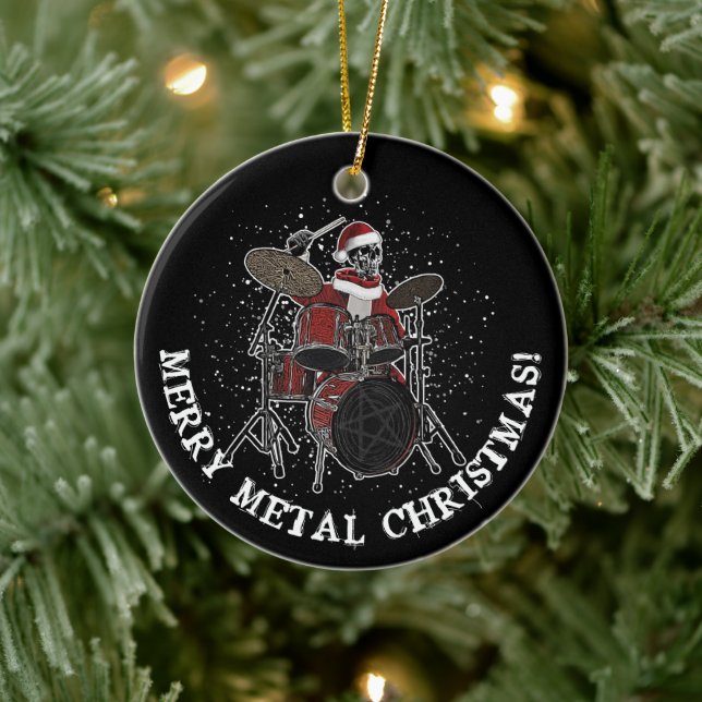 Heavy Metal Drummer Christmas Rock & Roll Skull Ce Ceramic Ornament (Tree)