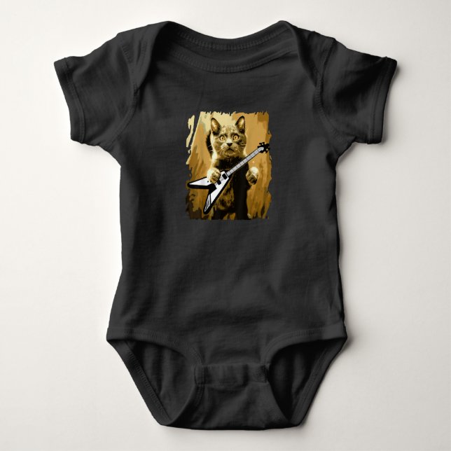 Heavy Metal Guitar Playing Cat Rocker Guitarist Baby Bodysuit (Front)