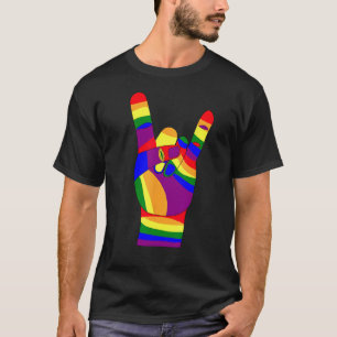 Heavy Metal hand, devil horns, LGBT pride flag col T-Shirt