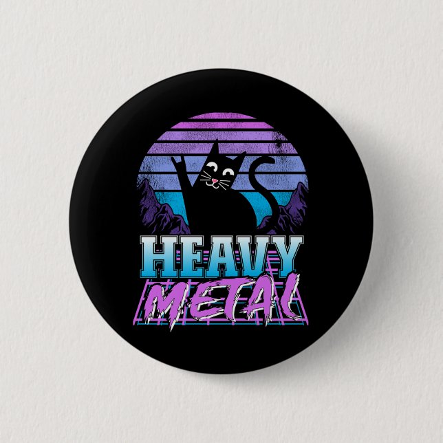 Heavy Metal Retro Sunset Cat Heavy Metal Retrowave Button (Front)