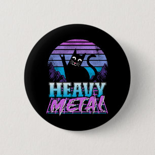 Heavy Metal Retro Sunset Cat Heavy Metal Retrowave Button