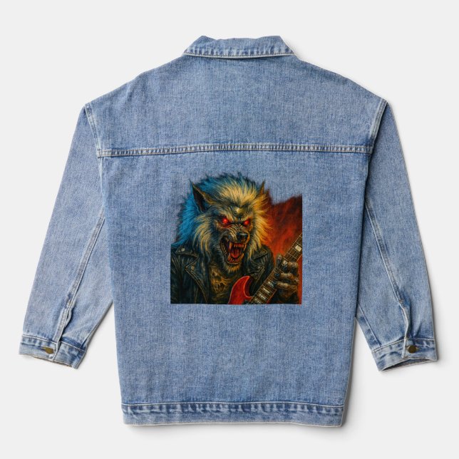 Heavy-Metal Wolve playing Guitar Denim Jacket (Back)