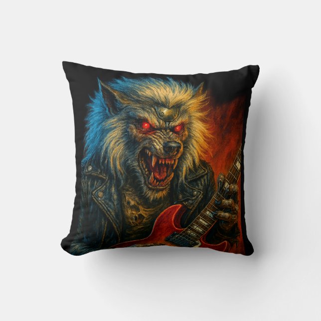 Heavy-Metal Wolve playing Guitar Throw Pillow (Front)