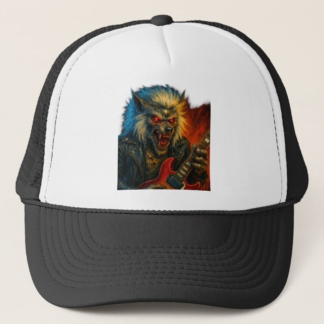 Heavy-Metal Wolve playing Guitar Trucker Hat (Front)