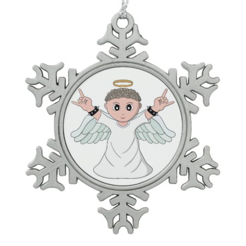 Heavy Music Loving Angel Snowflake Pewter Christmas Ornament
