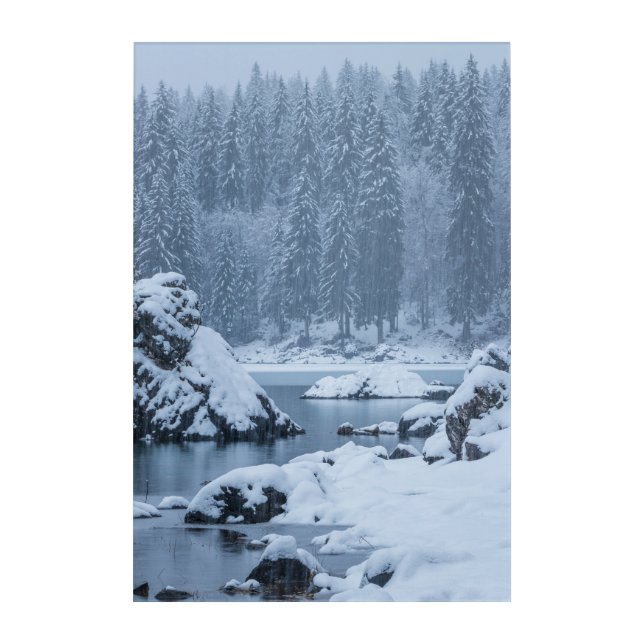 Heavy snow fall lake Fusine, Italy Acrylic Print (Front)