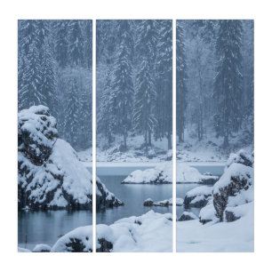 Heavy snow fall lake Fusine, Italy Triptych
