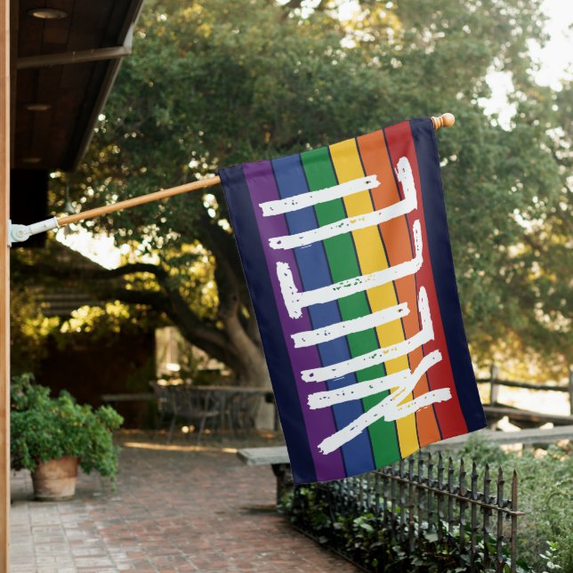 Hebrew "AHAVAH" = "LOVE" On a Rainbow - LGBTQ Jews House Flag (In SItu)