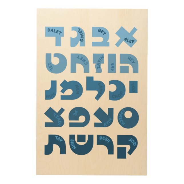 Hebrew Alef-Bet in Ombre Blue Jewish Children  Wood Wall Art (Front)