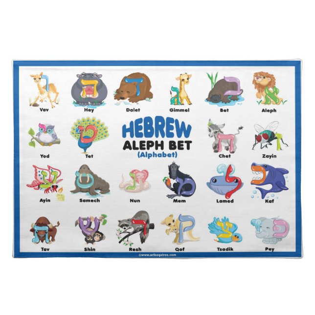 Hebrew Aleph Bet (Alphabet) Placemat, Blue Placemat (Front)