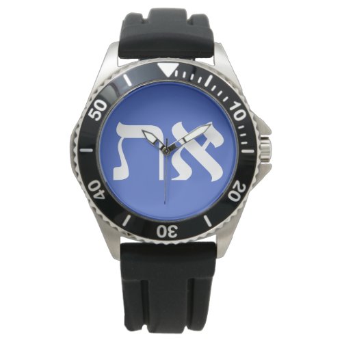 Hebrew Aleph Tav Typography White on Sky Blue Watch