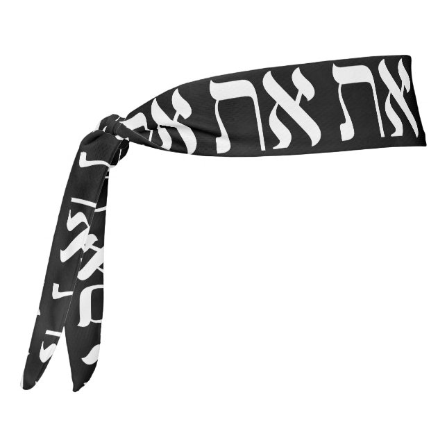 Hebrew Aleph Tav White on Black Modern Lettering Tie Headband (Rotate 270)