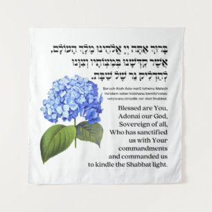 Hebrew Blessing for Shabbat Candles Hydrangea Tapestry