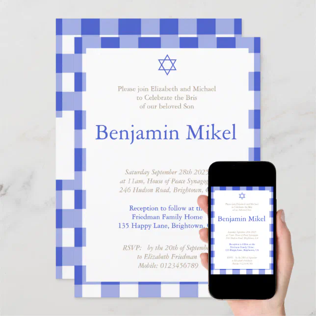 Hebrew Brit Milah Baby Boy Jewish Blue Invitation | Zazzle