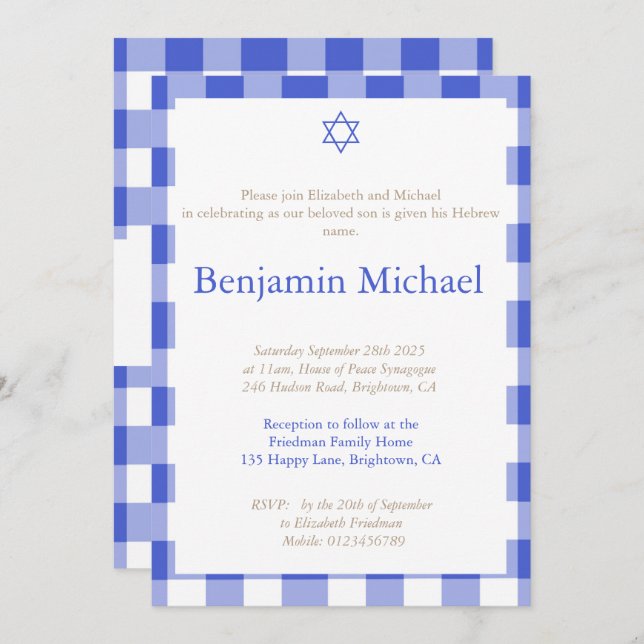 Hebrew Brit Shalom Baby Boy Naming Jewish Blue  Invitation (Front/Back)