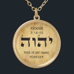 Hebrew Divine Name Gold Plated Necklace<br><div class="desc">The text is fully customizable above and below the Paleo pictographs. The Divine Name of the Most High Elohim is depicted in black typography on a parchment background</div>
