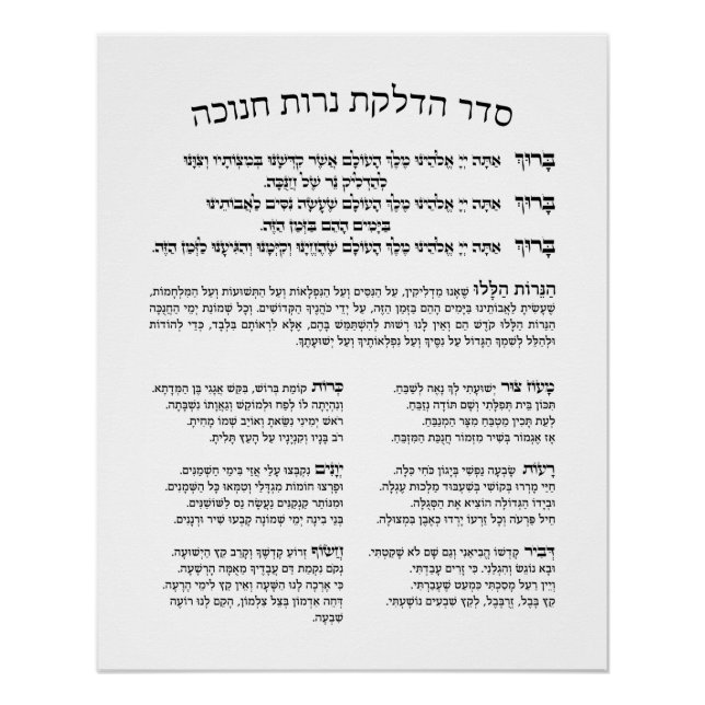Hebrew Hadlakat Nerot Chanukah - Blessings Menorah Poster (Front)