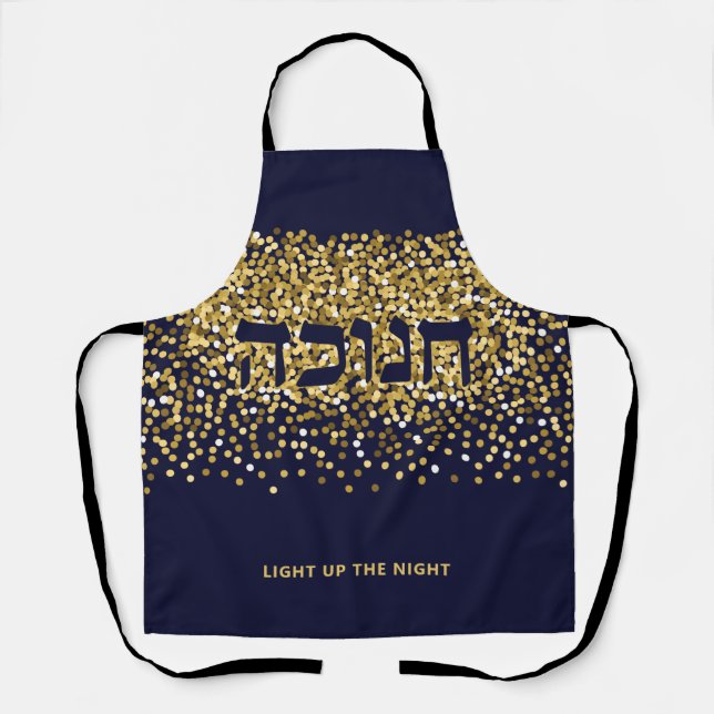 Hebrew Hanukkah Light up Night Gold/Navy Glitter Apron (Front)