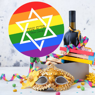 Hebrew Happy Purim Rainbow Flag  Classic Round Sticker