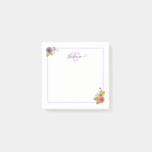 Hebrew Monogram SHIN Personalized Floral Post_it Notes