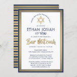Hebrew Name Bar Mitzvah Elegant Gold White & Navy Invitation<br><div class="desc">Invite family and friends to an elegant bar mitzvah ceremony and celebration with this modern navy blue, white, and faux gold foil invitation. All text is simple to customize, so it can include any wording regarding the service, Torah reading, and party. Design features Hebrew and English names, gold faux foil...</div>