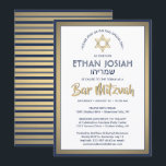 Hebrew Name Bar Mitzvah Elegant Gold White & Navy Invitation<br><div class="desc">Invite family and friends to an elegant bar mitzvah ceremony and celebration with this modern navy blue, white, and faux gold foil invitation. All text is simple to customize, so it can include any wording regarding the service, Torah reading, and party. Design features Hebrew and English names, gold faux foil...</div>