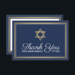 Hebrew Name Bar Mitzvah Navy Blue White and Gold Thank You Card<br><div class="desc">Express gratitude to family and friends for sharing your bar mitzvah celebration with stylish customized thank you cards. All wording is simple to personalize or delete. If you prefer to hand write your message of thanks, simply delete the example text. This navy blue, white and gold template design features a...</div>