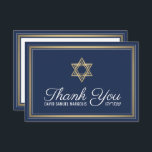 Hebrew Name Bar Mitzvah Navy Blue White and Gold Thank You Card<br><div class="desc">Express gratitude to family and friends for sharing your bar mitzvah celebration with stylish customized thank you cards. All wording is simple to personalize or delete. If you prefer to hand write your message of thanks, simply delete the example text. This navy blue, white and gold template design features a...</div>
