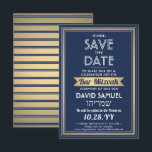 Hebrew Name Bar Mitzvah Navy Blue White Faux Gold Save The Date<br><div class="desc">Invite family and friends to an elegant bar mitzvah ceremony and celebration for him with this navy blue, white, and faux gold foil save the date invitation. All text is simple to customize, so it can include any wording regarding the service, Torah reading, and party. Design features names in both...</div>