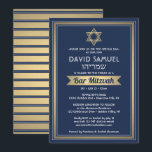 Hebrew Name Bar Mitzvah Navy Blue White & Gold Invitation<br><div class="desc">Invite family and friends to an elegant bar mitzvah ceremony and celebration for him with this navy blue, white, and faux gold foil invitation. All text is simple to customize, so it can include any wording regarding the service, Torah reading, and party. Design features Hebrew and English names, gold faux...</div>
