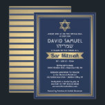 Hebrew Name Bar Mitzvah Navy Blue White & Gold Invitation<br><div class="desc">Invite family and friends to an elegant bar mitzvah ceremony and celebration for him with this navy blue, white, and faux gold foil invitation. All text is simple to customize, so it can include any wording regarding the service, Torah reading, and party. Design features Hebrew and English names, gold faux...</div>