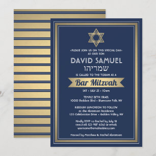 Hebrew Name Bar Mitzvah Navy Blue White & Gold Invitation