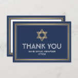 Hebrew Name Bar Mitzvah Star of David Navy & Gold Thank You Card<br><div class="desc">Express gratitude to family and friends for sharing your bar mitzvah celebration with elegant customized thank you cards. All wording is simple to personalize or delete. If you prefer to hand write your message of thanks, simply delete the example text. This navy blue, white and gold template design features English...</div>