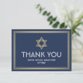 Hebrew Name Bar Mitzvah Star of David Navy & Gold Thank You Card (Standing Front)