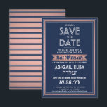 Hebrew Name Bat Mitzvah Navy Blue Pink Rose Gold Save The Date<br><div class="desc">Invite family and friends to an elegant bat mitzvah ceremony and celebration for her with this navy blue, white, and pink rose gold save the date invitation. All text is simple to customize, so it can include any wording regarding the service, Torah reading, and party. Design features ebrew and English...</div>