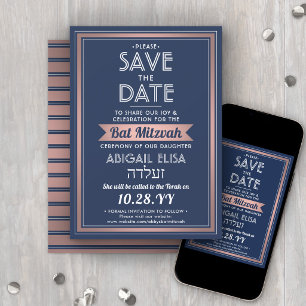 Hebrew Name Bat Mitzvah Navy Blue Pink Rose Gold Save The Date