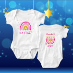 HEBREW name  My First Chanukah Baby Bodysuit<br><div class="desc">Celebrate a little one’s very first Chanukah with this adorable personalized baby bodysuit! Featuring a sweet rainbow menorah design in classic blue and gold tones, this custom Hanukkah baby outfit is the perfect keepsake for holiday photos, family gatherings, baby showers, and first Chanukah celebrations. Add your baby’s name for a...</div>