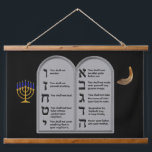 HEBREW NUMBERED TEN COMMANDMENTS HANGING TAPESTRY<br><div class="desc">What a beautiful custom made one of a kind Hebrew Numbered Ten Commandment Tapestry to display on your wall. Set in a all black background,  this peice showcases the blue and gold Menorah along with the Shofar,  both complimenting the Ten Commandment Tablets,  brought to you by Rightside!</div>