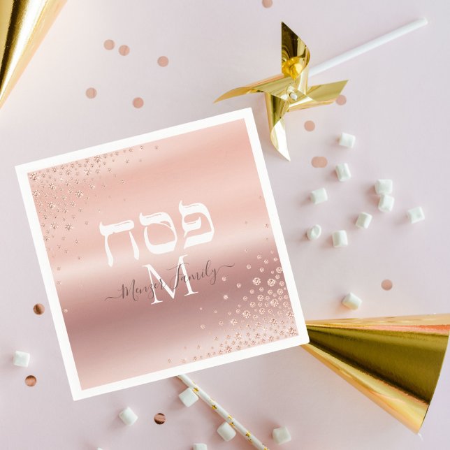 Hebrew Passover Monogram Rose Gold Glitter  Napkins (Creator Uploaded)
