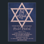 Hebrew Rose Gold Pink Navy Blue Star Bat Mitzvah Invitation<br><div class="desc">This elegant and girly Bat Mitzvah invitation is the perfect design for your daughter. It features a rustic faux navy blue foil gradient ombre with a faux printed rose pink gold flitter sequin star of David. This design displays the Hebrew name of your child as well, to add that extra...</div>