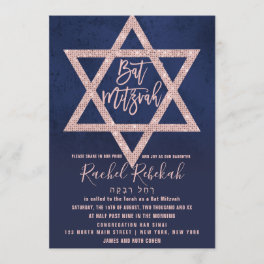 Hebrew Rose Gold Pink Navy Blue Star Bat Mitzvah Invitation